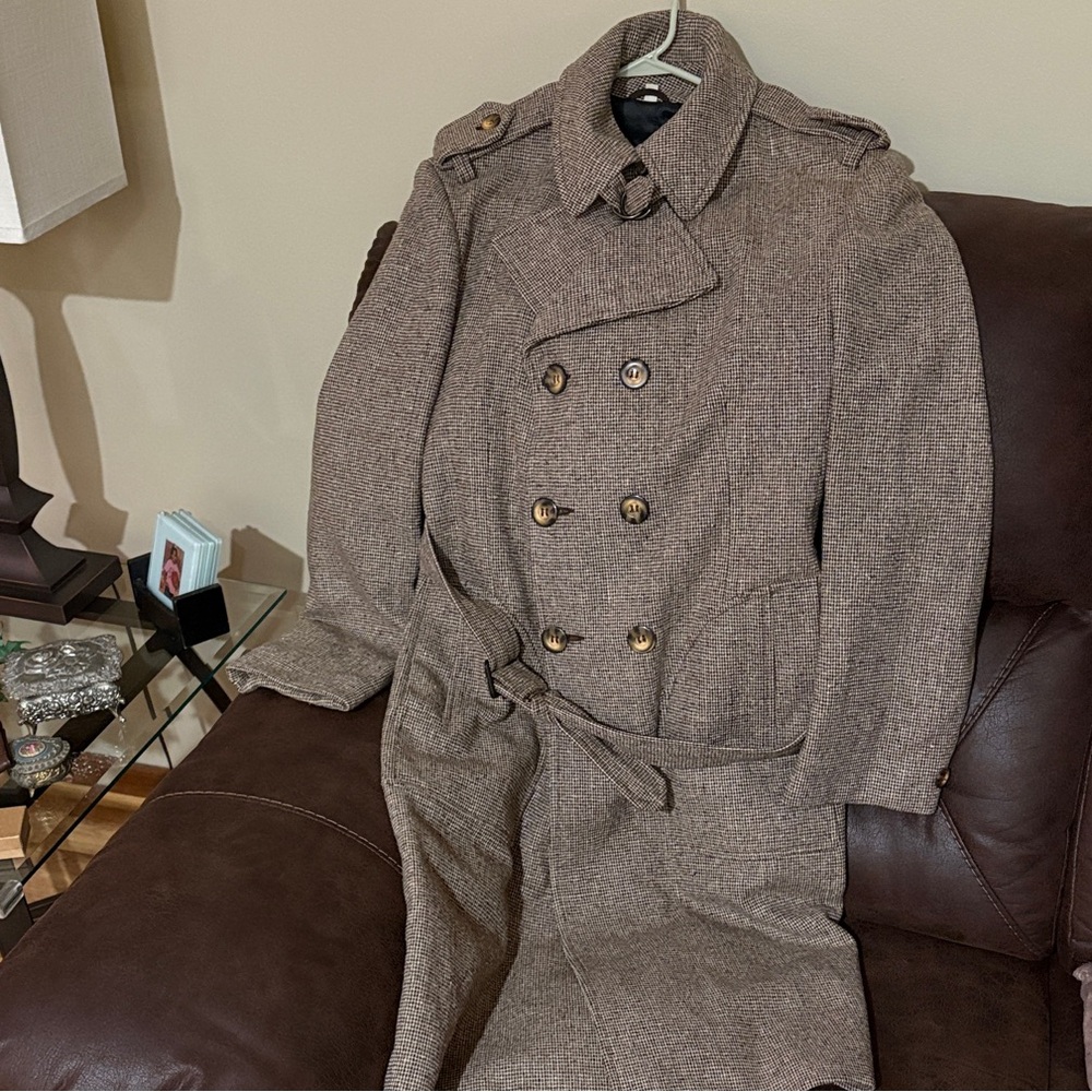 Vintage Men's Brown Double-Breasted Tweed Trench Coat